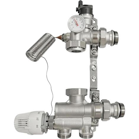 Kit Régulation à Valeur Fixe Pour Chauffage Au Sol, Mitigeur Avec Tête Thermostatique Réglable 20 à 70 °C Avec Mitigeur Et Tête Thermostatique Affichage Température Pour Chauffage Central (Sans Pompe) (1/5)