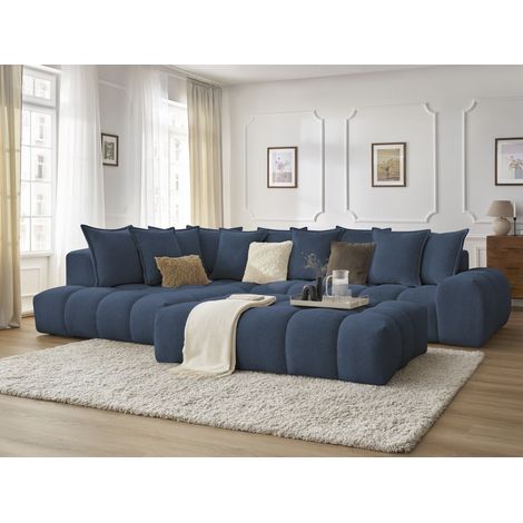BOBOCHIC - Canapé d'angle fixe EVEREST tissu chiné avec pouf Angle gauche  Bleu foncé (1/5)