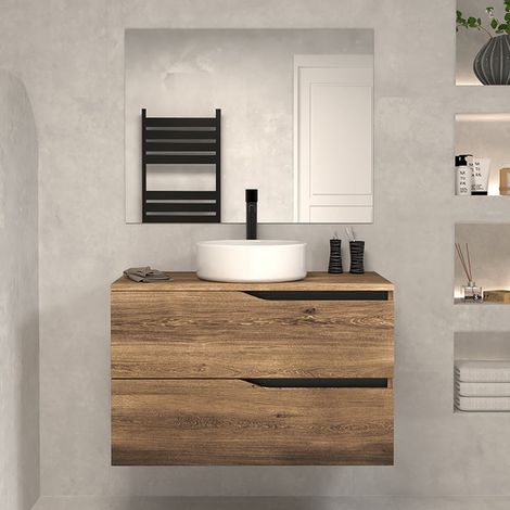 Meuble de salle de bain 80 avec plateau et vasque à poser - 2 tiroirs - tabaco (bois foncé) - LUNA (1/5)