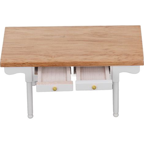 Bureau miniature moderne en bois pour maison de poupée (échelle 1:12), table d'écriture miniature, meuble jouet décoratif, couleur bois et blanc. (1/5)