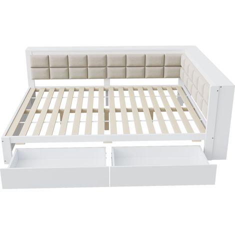 Canapé-lit 140x200 pin massif avec tiroirs rangement dossier ergonomique sommier à lattes blanc bois (1/5)