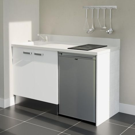 Kitchenette K17L - 140 cm - plan monobloc évier intégré Snova- évier à gauche - Façades Blanc + Electroménager inclus coloris Inox