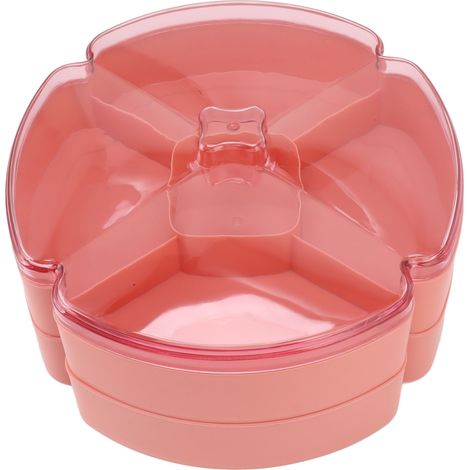 Plateau de service compartimenté en plastique rose à double compartiment, idéal pour les noix, les bonbons et les fruits secs. Avec couvercle.