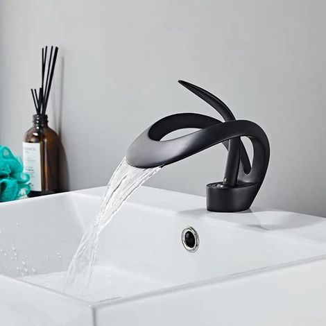 Robinet mitigeur cascade élégant avec commande monocommande et montage monotrou, en laiton massif, pour lavabos, noir (1/4)