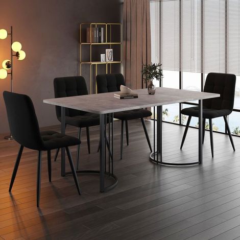 Ensemble table à manger - SOGEU - Motif marbre - Plateau MDF 140x80 cm - Chaises velours noir - Pieds métal (1/5)