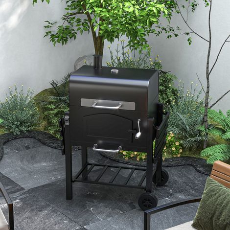 Barbecue a carbone con affumicatore, vano carbone regolabile, ripiani laterali, 124 x 66 x 112 cm, nero.