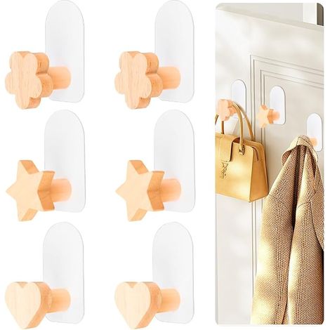Wall Hooks Wooden Metal J Shape Self Adhesive No Drilling Hooks Rustic Style Bathroom Bedroom Kitchen (1/2)