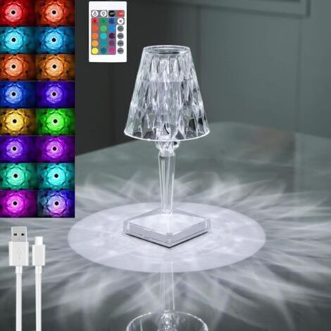 Lampe de table en cristal diamant, lampe de chevet rechargeable en cristal pour la chambre, température/luminosité réglables, batterie au lithium avec fonction tactile – avec télécommande et batterie.