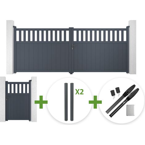 Portail battant 4m SANTIS H.160cm aluminium gris + 4 poteaux ELDA + Portillon 1m SANTIS H.160cm aluminium gris + motorisation Hicker B200 (1/5)