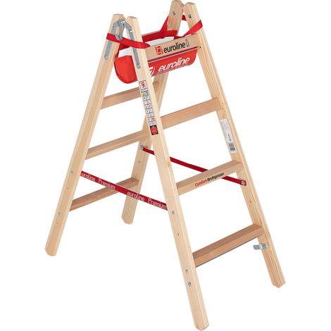 Euroline Holz Sprossenstehleiter mit Comfort-Breitsprossen, Eimerhaken und Werkzeugablagetasche 2x4 Sprossen