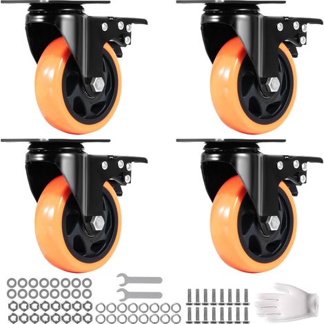 Roulettes pivotantes 10,1 cm, lot de 4, avec frein de sécurité A/B, silencieuses en PVC, capacité 158,8 kg par roulette, sans traces, pour chariot, meuble et établi. (1/5)