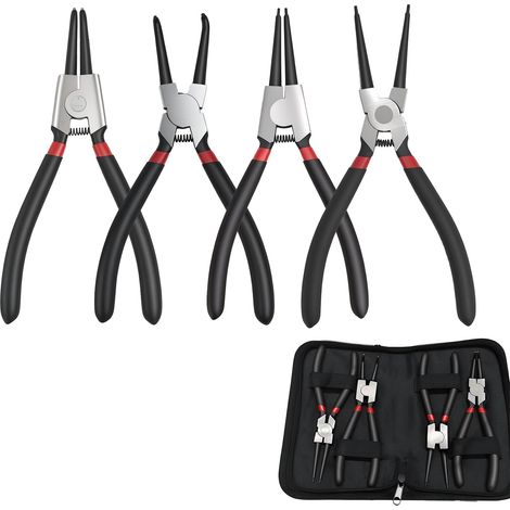 4 Pcs Pince Circlips, Pince à Circlips Exterieur Intérieurs Pinces à Anneaux extérieurs/intérieurs, droits/coudés – avec poignées (1/5)