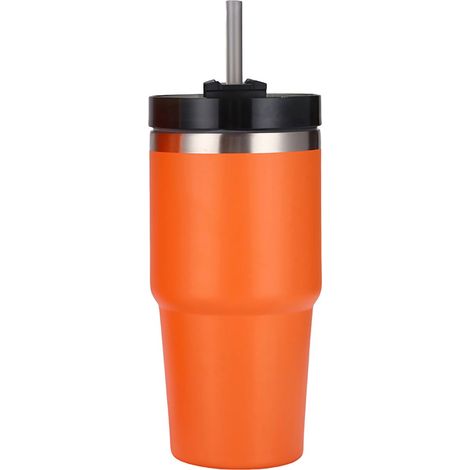 Gobelet Isotherme en Acier Inoxydable 20oz avec Paille, Surface Polie Brillante, Garde Chaud et Froid, Couleur Orange, Parfait pour Voiture (1/5)