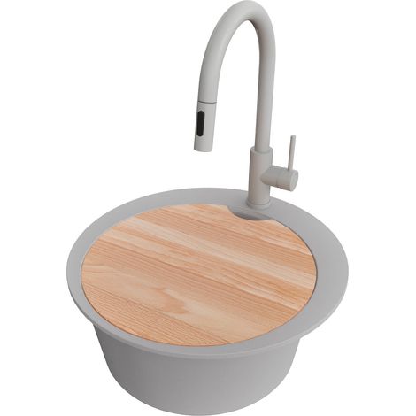 PRIMAGRAN Evier cuisine Granit Rond 50x50cm,Evier 1 bac + Robinet 40x20cm + Kit de Vidage + Planche à Découper, Lavabo Cuisine au meuble 45cm - Pise, Gris (1/5)
