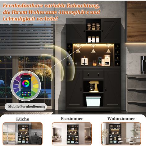 Armoire de cuisine haute avec espace à vin et étagères réglables. Tiroir,porte-verres inox et éclairage LED couleur,dimensions 180×105×40 cm. (1/5)