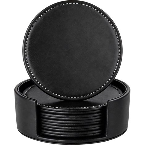 Lot de 6 sous-verres – Sous-verres – Dessous de plat résistants à la chaleur – 11 x 11 x 2 cm – Cuir – Noir/Beige (1/5)