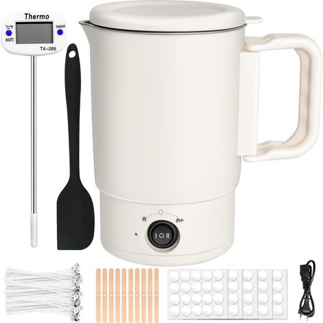 Fondeur de Cire Bougie Électrique 800ml, Kit Fabrication de Bougies Fondoir Cire Bougie avec 2 Températures - Inclut Thermomètre, 100 Mèches, 100 Autocollants, 10 Supports et Cuillère de Mélange (1/5)