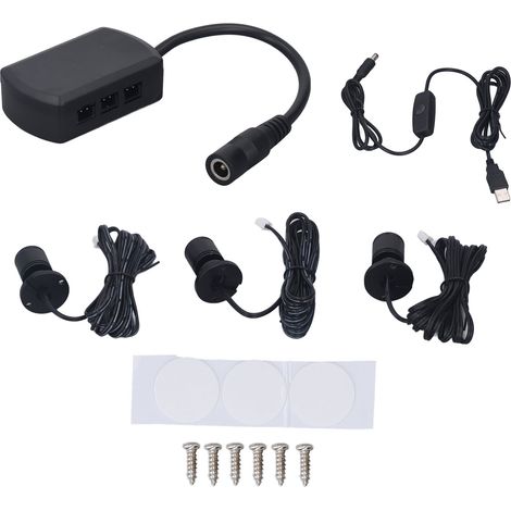 3 mini spots LED aluminium 5V USB éclairage vitrine meuble bijoux 1 à 3 intensités noir lumière chaude tête 20mm câble 2m (1/5)