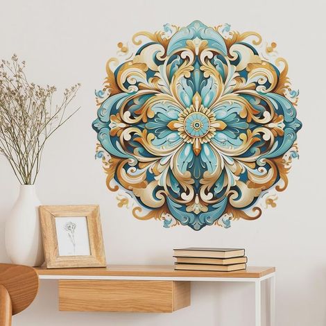 Sticker mural pour fenêtre - Motif mandala - Bleu vert - 56 x 56 cm (l x h) - Pour salon, chambre à coucher - Style bohème - Couloir - Yoga - Décoration murale (1/5)