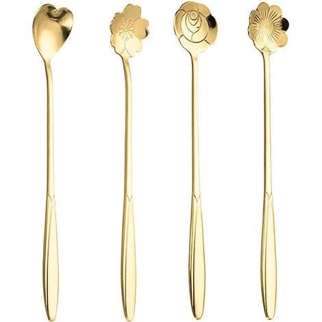 Roestvrij stalen lepelset - 4 creatieve lange lepels met kersenbloesem- en bloemenpatroon, gouden koffielepels (1/5)