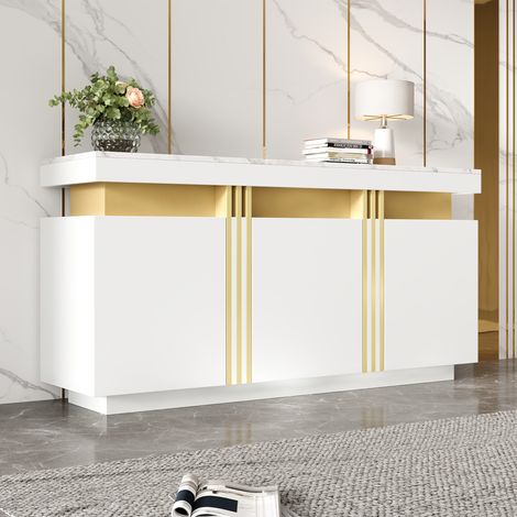 Aparador moderno con tapa efecto mármol madera 140x38x70 cm color blanco (1/5)