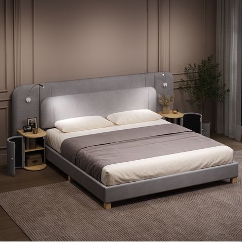 Lit 180/200 cm gris en velours côtelé avec chevets intégrés et éclairage LED (1/5)