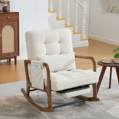 Poltrona a dondolo con poggiapiedi, schienale regolabile, tasca laterale, corduroy beige (1/5)