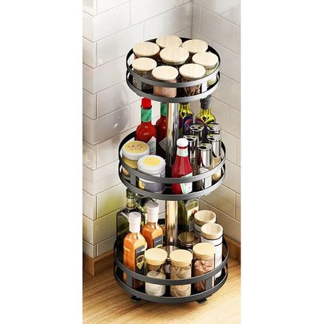 Etagère à épices rotative 3 niveaux – Métal noir – Hauteur 57,5 cm – Diamètre 26 cm – Ventouses pour stabilité (1/5)