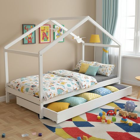 Les Tendances – Lit cabane 90x190 cm – Structure en épicéa massif – Sommier à 12 lattes – Tiroir de rangement 184x90x13.5 cm – Finition laquée blanche