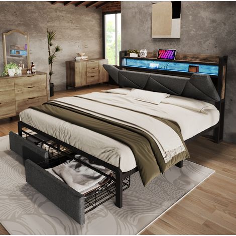 Cama con almacenamiento de lino gris 160x200 cm con LED, USB-C, 2 cajones y somier de láminas metálicas (1/5)