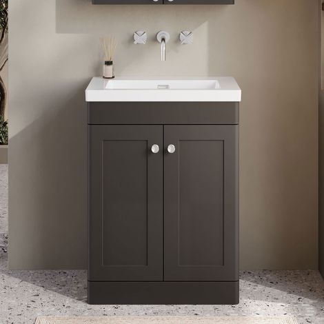 Nuie Classique Floor Standing 2-Door Vanity Unit with 0TH Contemporary Basin 600mm Wide - Satin Anthracite (1/5)