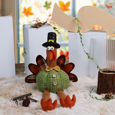 Dinde En Peluche - Figurine De Décoration D'Automne Avec Jambes Rétractables - Pour Étagère Table Ou Cheminée - Lot De 2 (1/4)