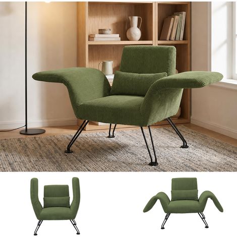 Fauteuil Relax Design en Velours Vert Rayé avec Accoudoirs Réglables et Cadre Métal