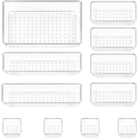 QORVA-Lot de 11 boîtes de rangement en plastique transparent, 4 tailles, empilables, pour maquillage, bureau, salle de bain, cuisine (1/5)