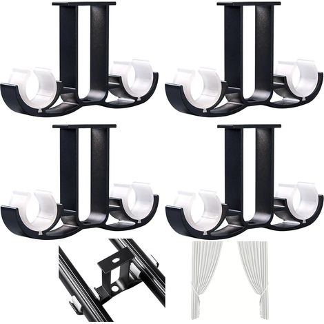 4 pièces supports pour rideaux doubles Tringle à rideaux en métal robuste Support de rideaux pour montage au plafond (noir) (1/5)