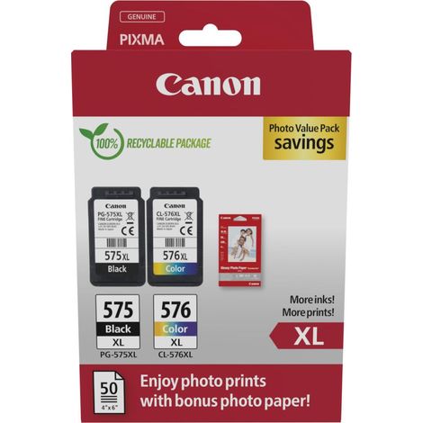 Cartucho de Tinta Original Canon PG-575XL + CL576XL Multipack Alta Capacidad/ Negro/ Tricolor + Papel Fotográfico (1/4)