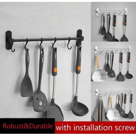 Barre de Cuisine Aluminium Barre Murale 50 cm Porte Ustensiles de Cuisine avec 8 Crochets et 2 Vis,Noir (1/4)