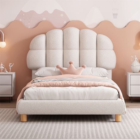 Fortuna Lai – Lit simple enfant 90x200 cm – Lit capitonné avec tête de lit rembourrée – Sommier à lattes en bois – Toison circulaire blanc