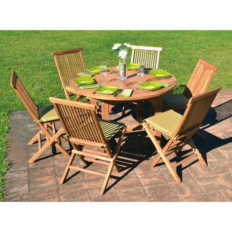 Set tavolo e sedie da giardino in legno teak con cuscini 6 posti con tavolo allungabile (1/5)