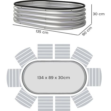 Lot de 2 bacs de jardin surélevés en métal, 135 x 90 x 30 cm, bacs ovales surélevés avec bandes de caoutchouc