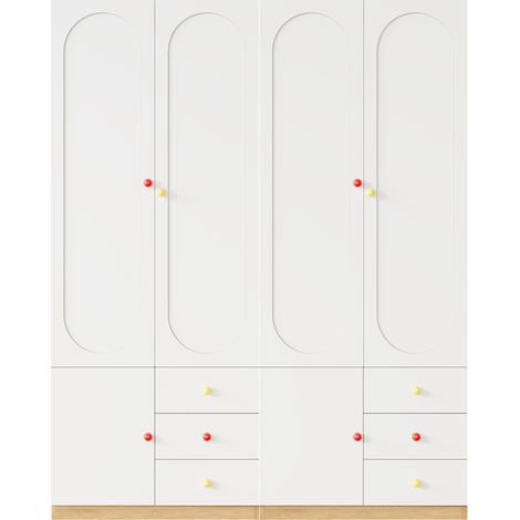 Armoire à 2 portes avec tiroirs, armoire de rangement pour chambre, mobilier pour chambre d’enfant, avec penderie, poignées en céramique colorées, blanc, finition laquée, lot de 2, 160×45×200 cm