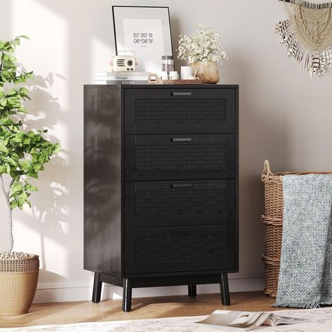 Kommode mit 4 Schubladen, niedriges Sideboard aus Holz, Aufbewahrungsmöbel mit Eichenbeinen, schwarz (1/5)