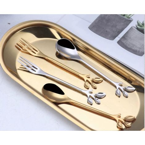Ensemble de 6 fourchettes à dessert en acier inoxydable, fourchettes à fruits en forme de feuille pour gâteaux, glaces, antipasti et cappuccino (argenté) (1/3)