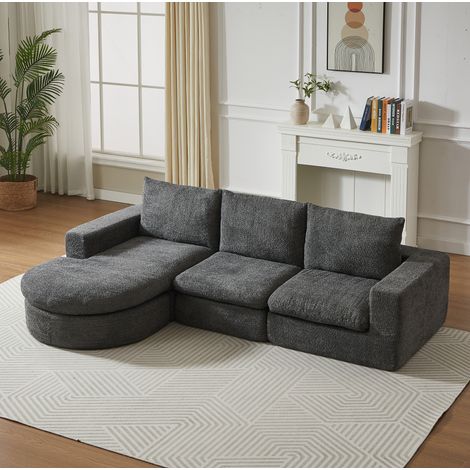 Divano modulare 3 posti con chaise longue reversibile in ciniglia grigio 250x160x80 cm OKWISH (1/5)