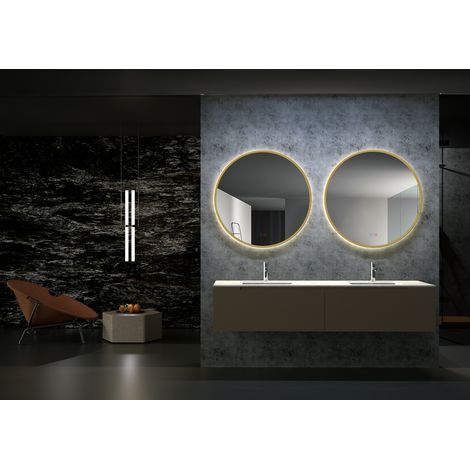 Specchio con luce LED per bagno, spogliatoio - rotondo retroilluminato Include doppio sensore on/off e antiappannamento - cornice oro spazzolato Ø60cm