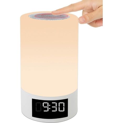 Berührungsempfindliche Nachttischlampe mit wiederaufladbarem, mehrfarbigem LED-Nachtlicht, Bluetooth-Tischlampe, Wecker und FM/MP3-Radio. Maße: H 18 cm, Ø 10,2 cm (1/5)