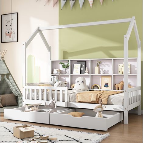 Cama infantil casita con cajones y estante blanca OKMYHOME (1/5)