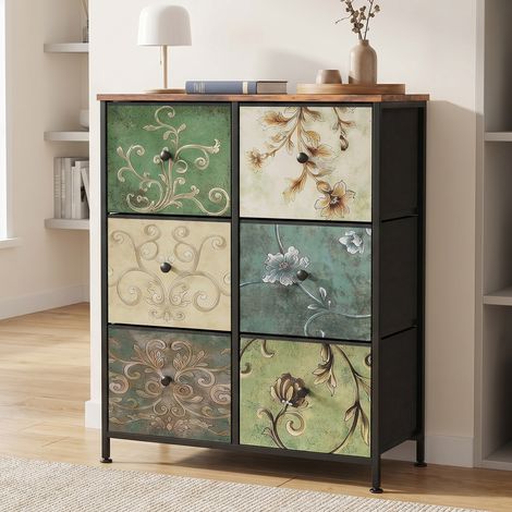 Cassettiera contenitore, 67.5x30x86.5cm, 6 cassetti in tessuto, struttura in metallo e piano in legno, stile retrò, multicolore (1/5)
