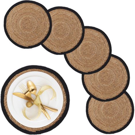 Relaxdays 6 Salvamanteles, para Mesa de Comedor, Jacinto de Agua, Manteles Individuales, Redondos, 37cm Ø, Natural/Negro
