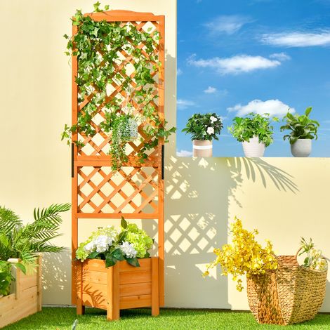 Bac de Jardin Surélevé 180cm avec Treillis, Bac à Planter en Bois de Sapin, Peinture Hydrofuge Orange, Structure Renforcée pour Plantes Grimpantes et Fleurs (1/5)